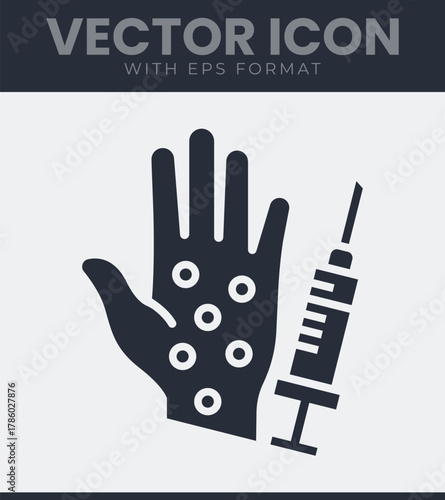 Human hand displaying a skin rash or infectious spots alongside a medical syringe for treatment or vaccination