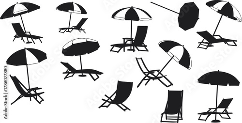 Beach umbrellas and lounge chairs silhouettes in various positions, summer vacation relaxation vector illustration for tourism, leisure, holiday design, travel lifestyle inspiration content