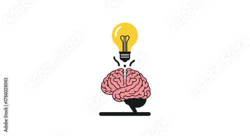 Illustration of a pink brain with a bright yellow light bulb illuminating above it symbolizing a new idea or inspiration