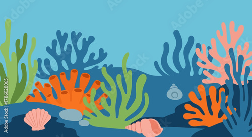 Vibrant Underwater Coral Reef Scene with Diverse Marine Life and Flora.