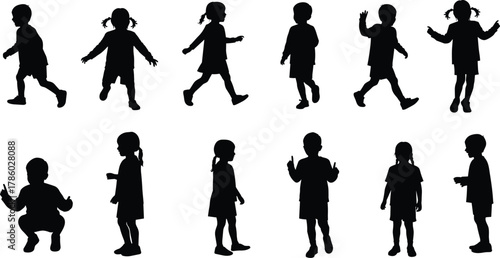 Child silhouette collection, girl in various poses vector illustration, black silhouette set, dynamic posture design, playful children art, motion study concept