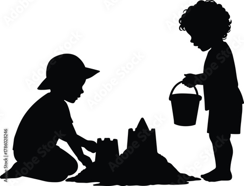 Children building sandcastle silhouette vector illustration, beach play activity, childhood creativity concept, summer holiday fun, seaside leisure artwork, outdoor family design