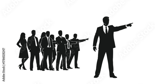 Business leader points the way forward while a diverse team follows with confidence and determination towards a common goal