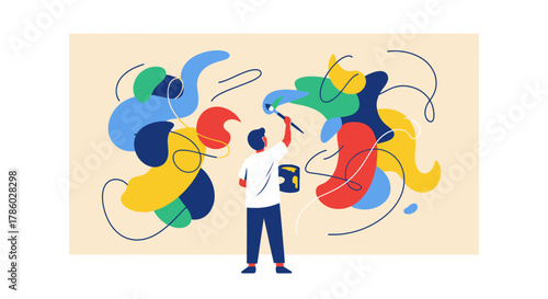 Artist painting abstract art on a large canvas with vibrant colors.