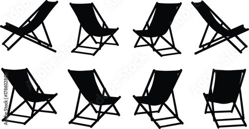 Deck chair silhouette collection, folding beach furniture vector illustration, summer leisure design, patio chair set, black silhouette art, outdoor relaxation concept