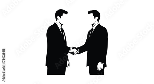 Two businessmen in silhouette shaking hands in agreement against a clean white background symbolizing partnership and success