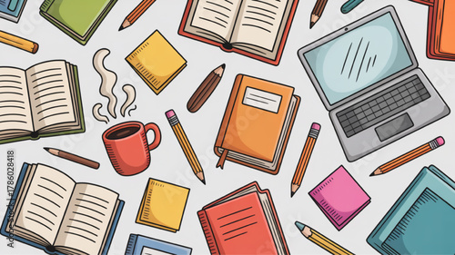 Hand-drawn illustration of books laptop and coffee a colorful vector pattern for education learning and study-related designs