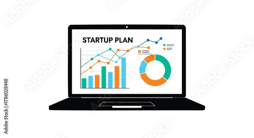 Laptop displaying a startup plan with bar charts line graphs and a pie chart for business analysis