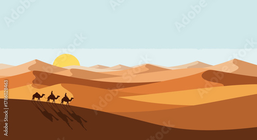 Desert landscape with camels traveling under the sun.