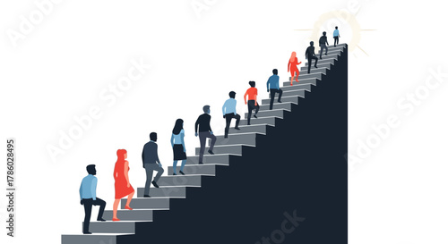 Diverse Group of People Walking Up a Long Staircase.