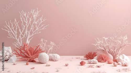 Fototapeta Naklejka Na Ścianę i Meble -  Monochromatic Coral Reef Scene in Pastel Pink and White, Featuring Coral, Rocks, and Branching Structures for Backgrounds and Creative Projects