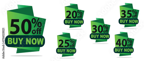 Discount Tags Vector Set, Popup Sale Banner, 50, 35, 30, 25, 40, 20 Off, Buy Now Green EPS Design