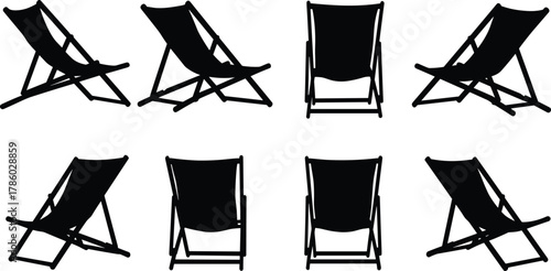 Folding beach chair silhouettes in multiple angles vector illustration for summer vacation, tourism, leisure, holiday travel lifestyle, outdoor furniture design inspiration content