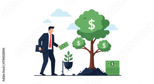 Businessman planting money into a growing tree symbolizing financial investment and wealth accumulation with a stack of cash nearby