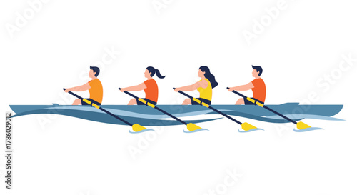 Mixed gender rowing team in a coxless four boat.
