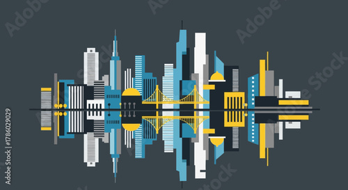 Modern City Skyline Reflection Illustration.
