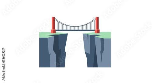 Red Suspension Bridge Connecting Two Rocky Cliffs Over a Chasm.
