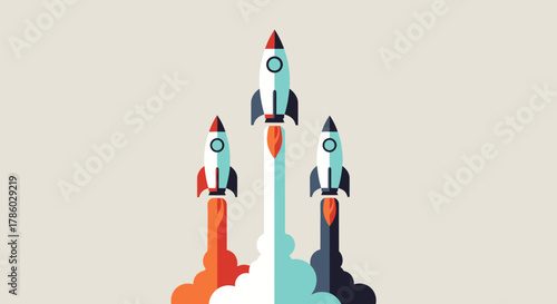 Rocket Launching into Space with Colorful Flames.