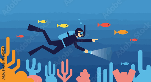 Scuba Diver Exploring Underwater Coral Reef with Flashlight and Fish.