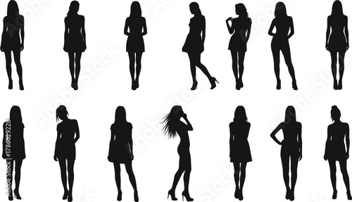 Female fashion silhouettes, elegant women poses, stylish dress figures, modeling vector illustration, black silhouette collection, high heels, fashion design, artistic posture set