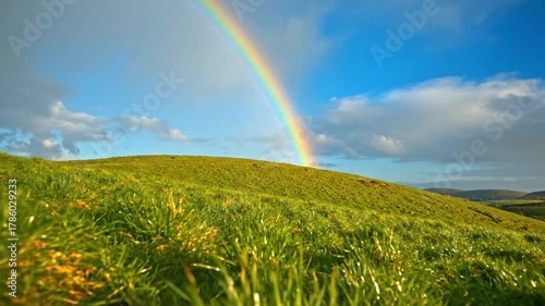 Vibrant Rainbow Over Lush Green Hills Under Bright Blue Sky
