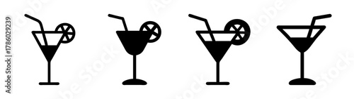 Black and white cocktail drinks vector art featuring beverage, glass, straw, and lemon slice icons
