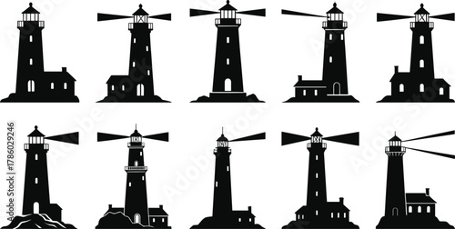 Lighthouse silhouettes with varied architectural designs and light beams vector illustration for maritime navigation, coastal tourism, ocean safety, seaside vacation, nautical design inspiration
