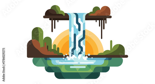 Serene Waterfall Landscape with Geometric Design and Warm Sunlight.