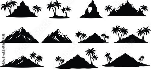 Mountain and palm tree silhouettes, tropical landscape vector illustration, black silhouette collection, nature scenery design, coastal and volcanic shapes, artistic outdoor concept