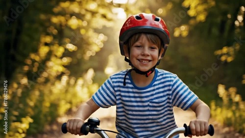 Boy Riding Bicycle in Nature Path Surrounded by Green Trees