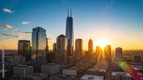 Stunning skyline view of urban city at sunset with colorful clouds