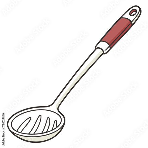 Illustration of a beige slotted spoon with a red handle kitchenware