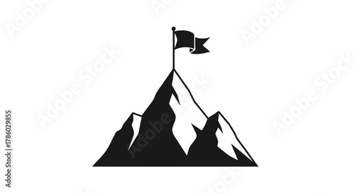 Black silhouette of a flag planted on a mountain peak symbolizing achievement and reaching goals