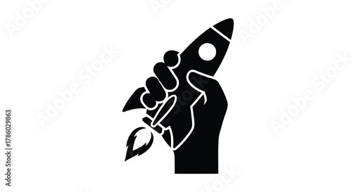 Black silhouette of a fist holding a rocket with flames coming out of the bottom against a white background
