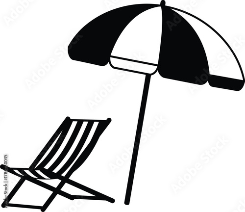 Striped beach chair with umbrella silhouette vector illustration for summer vacation, tourism, leisure, holiday travel lifestyle, resort relaxation, outdoor design inspiration content