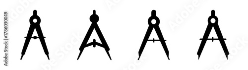 Four black drawing compasses for geometry and technical drawing design illustration equipment tool set