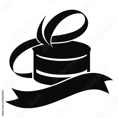 Black and white vector illustration of a gift box with banner