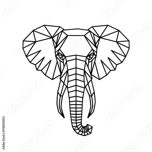 Geometric elephant head in black line art on transparent background