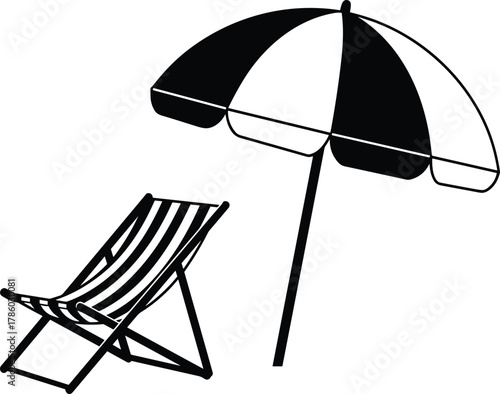 Striped beach chair and umbrella silhouette vector illustration for summer vacation, tourism, leisure, holiday travel lifestyle, resort relaxation, outdoor design inspiration content
