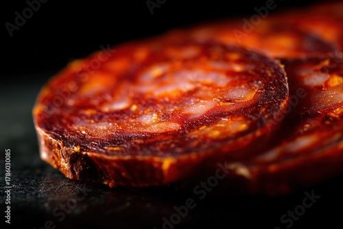 A close-up on the intricate marbling and coarse texture of a cured chorizo slice, revealing its rich red color, focused on the details, crisp lighting