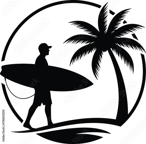 Surfer silhouette walking with surfboard, tropical palm tree vector illustration, beach lifestyle design, coastal vacation art, summer leisure scene, circular frame composition