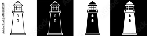 Four lighthouse illustrations in black and white, showing variations of inverted color schemes.