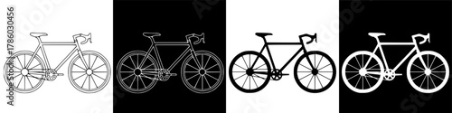Four bicycle illustrations in different color schemes, showcasing various design elements.