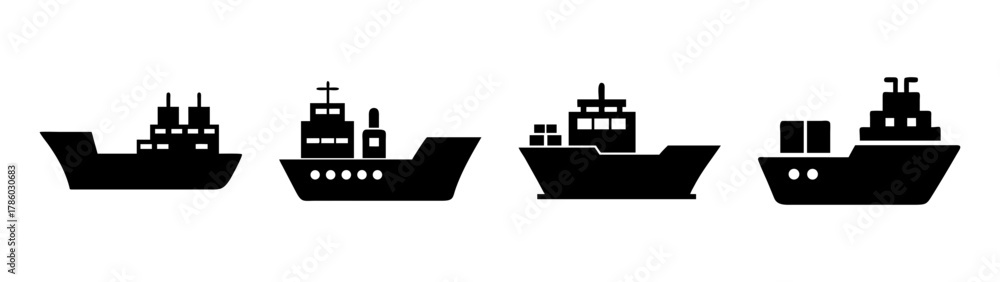 Obraz premium Cargo ship silhouette vector art: commercial ships, freight transport, maritime vessel, ocean liner