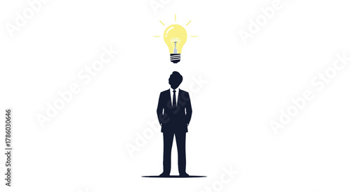 Silhouette of a businessman with a glowing light bulb above his head symbolizing a brilliant idea or innovation