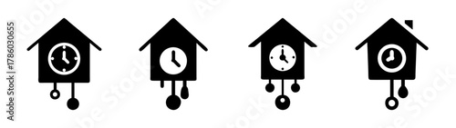 Vintage cuckoo clock vector illustration set, antique wooden clocks with pendulum and timepieces