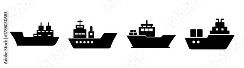 Cargo ship silhouette vector art: commercial ships, freight transport, maritime vessel, ocean liner