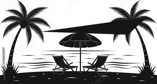 Tropical beach scene silhouettes with palm trees, lounge chairs, umbrella, ocean waves, summer vacation vector illustration for tourism, leisure, holiday travel lifestyle design inspiration