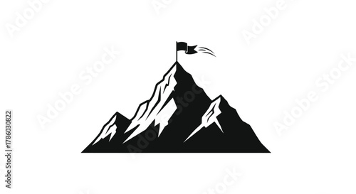 Black silhouette of a mountain peak with a flag waving at the summit against a white background representing achievement and success