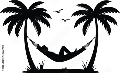 Tropical hammock silhouette, relaxing person under palm trees, summer vacation vector illustration, leisure lifestyle design, black and white art, peaceful holiday scene